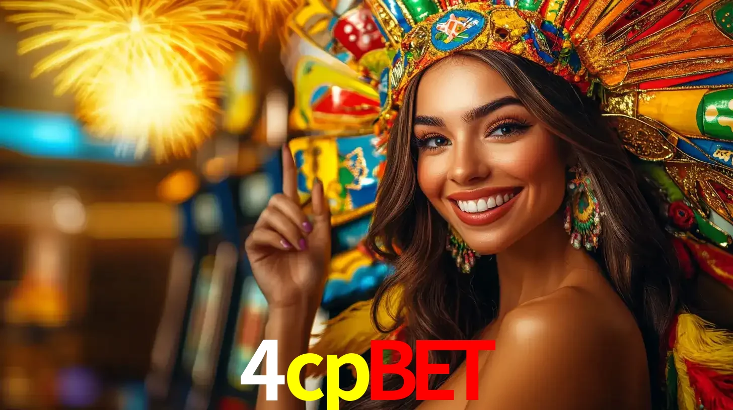 Mulher sorridente com um cocar de carnaval vibrante e colorido, celebrando uma grande vitória nos jogos do cassino 4cpbet com fogos de artifício ao fundo.