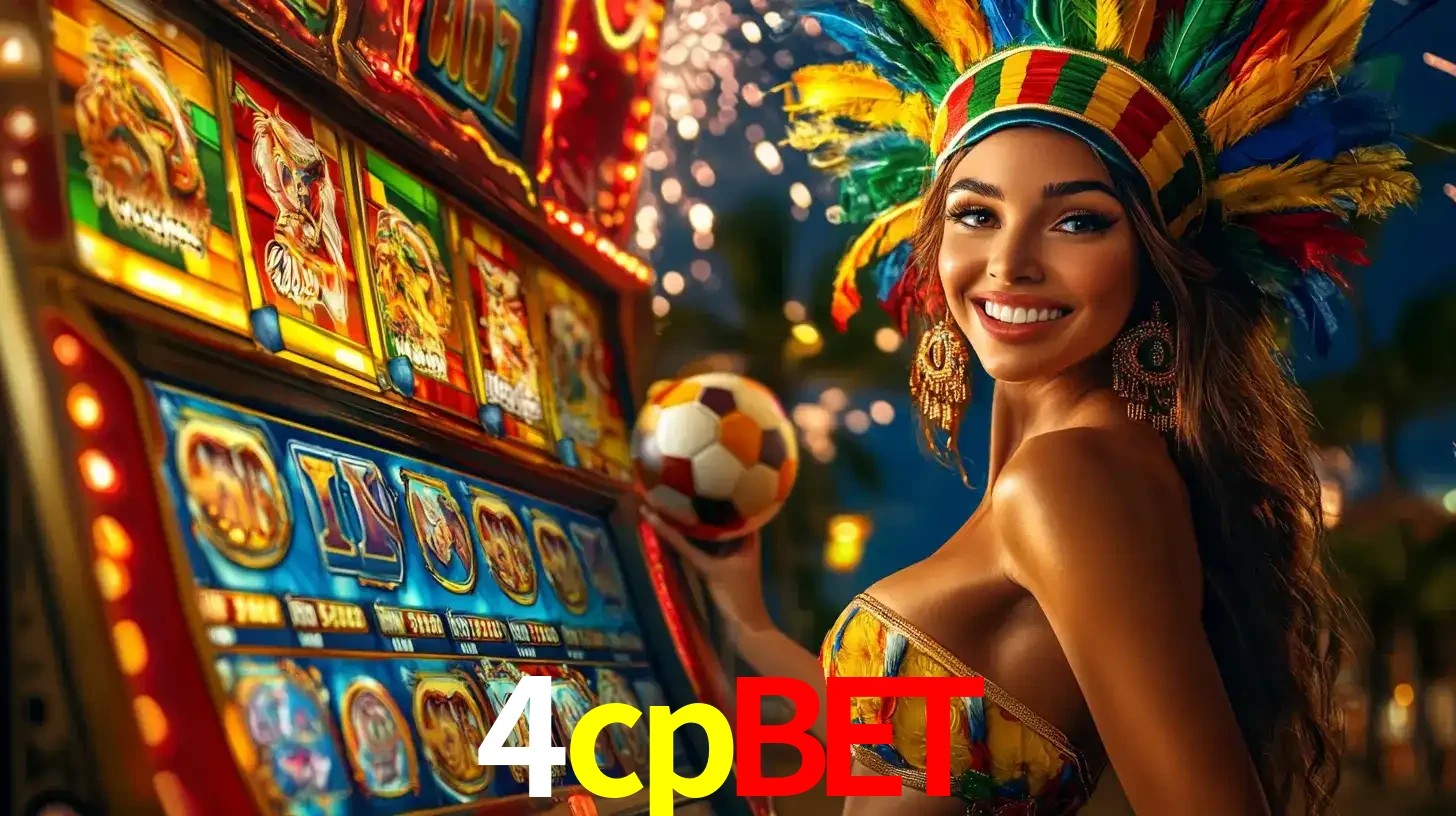 Mulher com um cocar de carnaval ao lado de uma máquina de caça-níqueis enquanto segura uma bola de futebol, mostrando a união da diversão de cassino e esportes no 4cpbet.