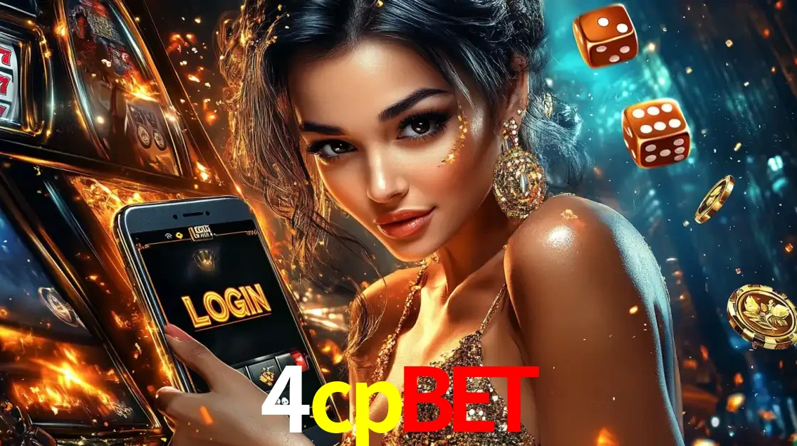 Mulher glamourosa segurando um celular com a tela de login do cassino 4cpbet, rodeada por dados e moedas douradas, pronta para começar a diversão.