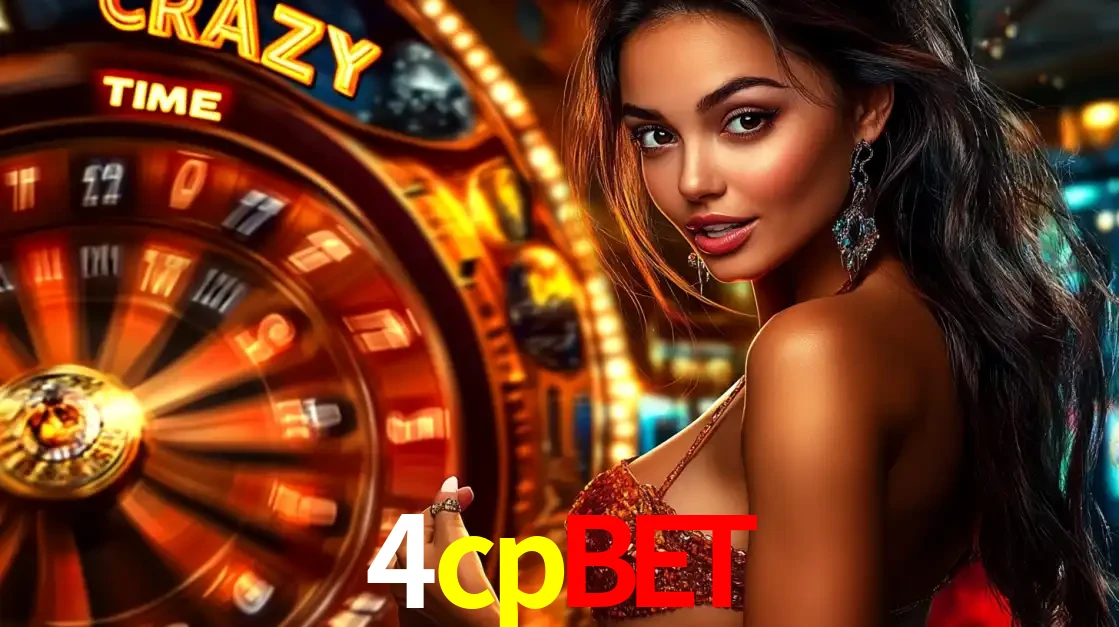 Mulher ao lado da roda de prêmios do jogo de cassino ao vivo Crazy Time, um dos shows de jogos mais emocionantes oferecidos pela plataforma de apostas 4cpbet.