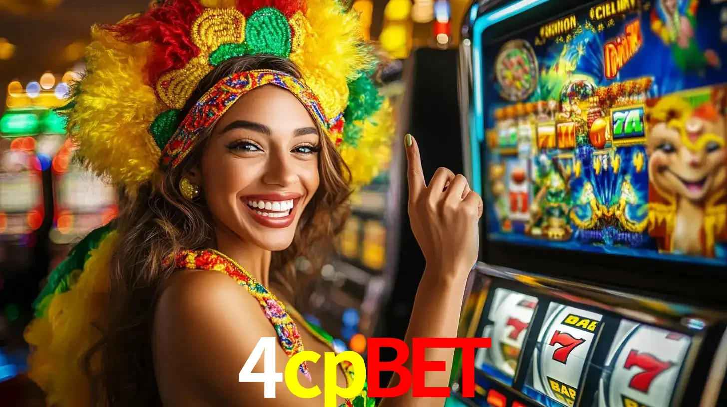 Mulher animada com um cocar de carnaval apontando para uma máquina de caça-níqueis, mostrando a emoção de ganhar um grande prêmio nos jogos do 4cpbet.