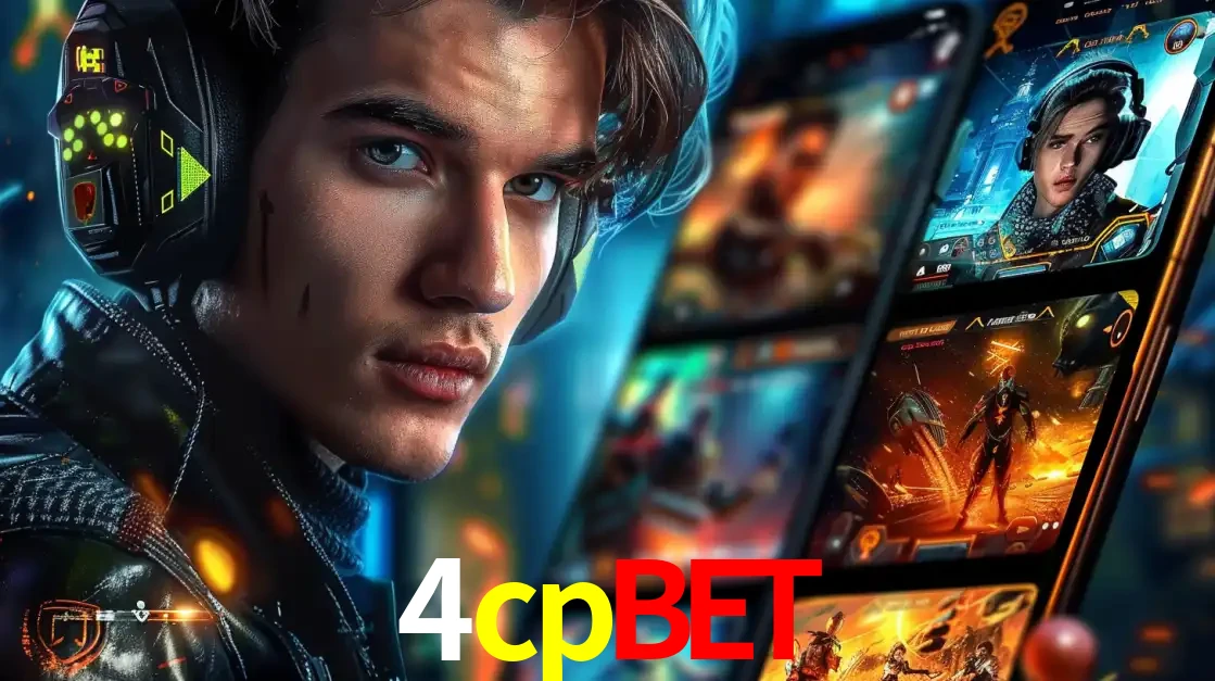 Jovem jogador com fones de ouvido olhando para a câmera, com um aplicativo de jogos e e-sports para celular ao fundo, pronto para a competição e apostas no 4cpbet.