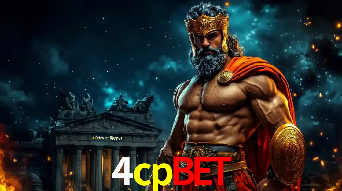 O poderoso Zeus do jogo de slot Gates of Olympus em frente ao seu templo, pronto para lançar multiplicadores divinos e prêmios épicos no cassino online 4cpbet.