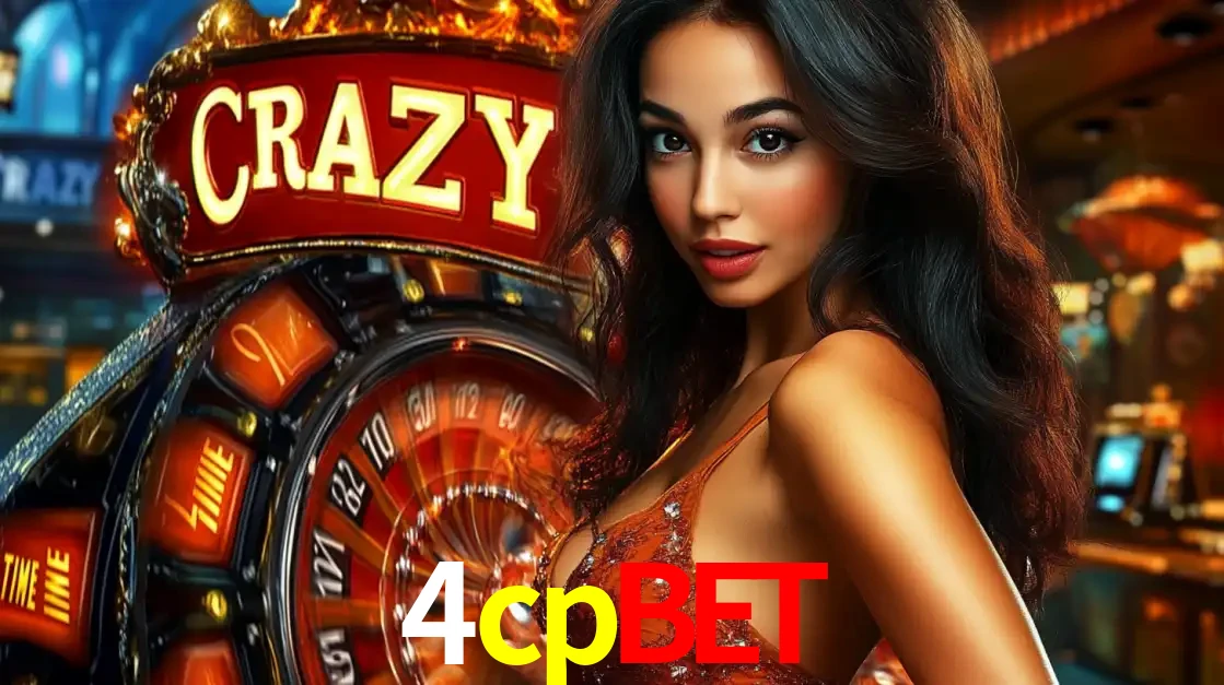 Mulher glamourosa olhando para a câmera com a roda vermelha do Crazy Time ao fundo em um ambiente de cassino, destacando a emoção dos jogos ao vivo no 4cpbet.