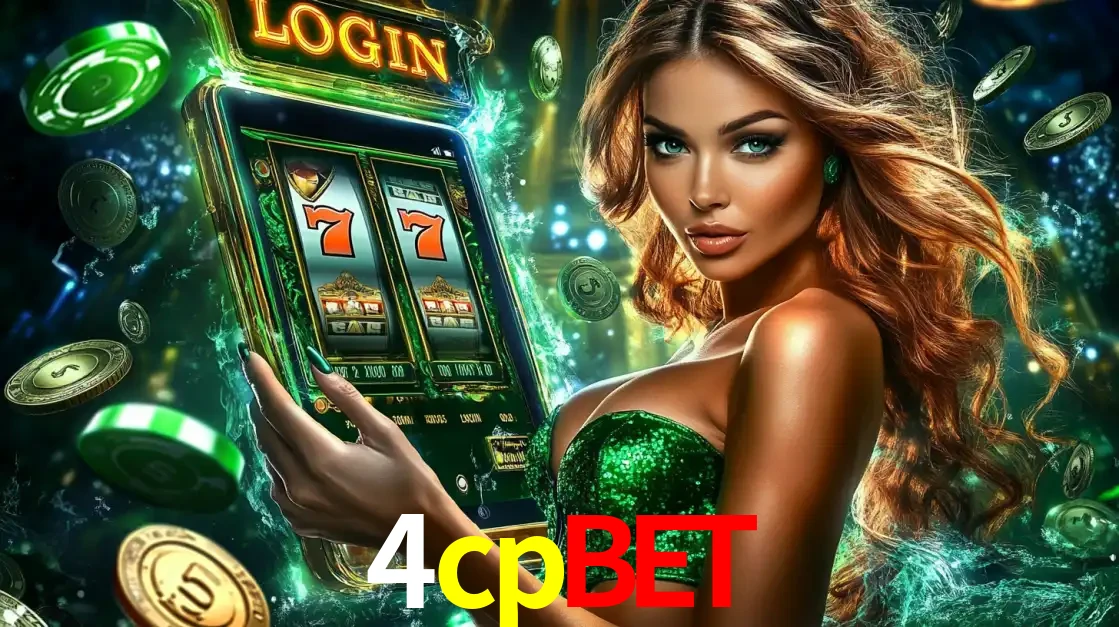 Mulher com tema verde apresentando o aplicativo do cassino 4cpbet com um jogo de slot de 777, cercada por fichas de cassino e uma aura de sorte.