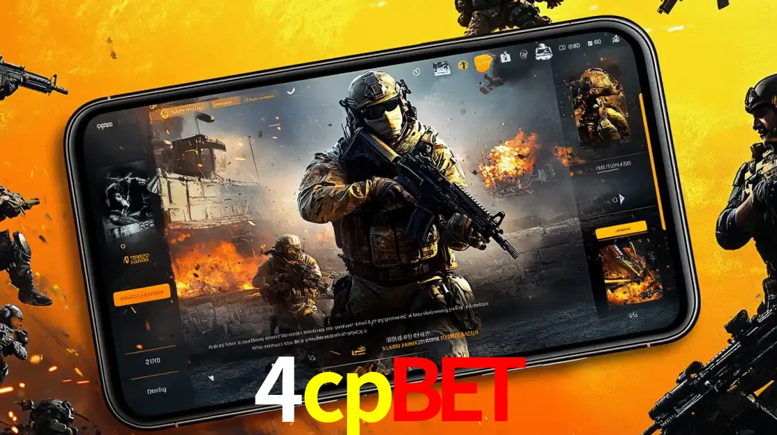 Um smartphone exibindo a interface de um jogo de tiro em primeira pessoa, com um soldado em um cenário de batalha, representando a ação dos e-sports para apostar no 4cpbet.
