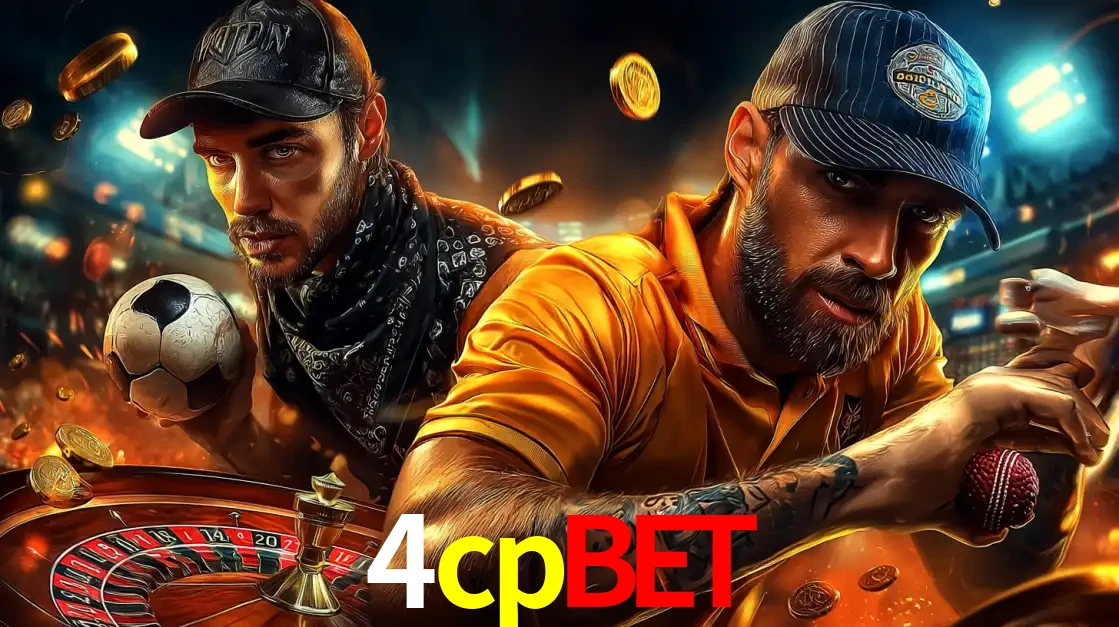 Montagem de apostas esportivas e cassino no 4cpbet, com um homem segurando uma bola de futebol e outro uma de beisebol sobre uma roleta e moedas voadoras.