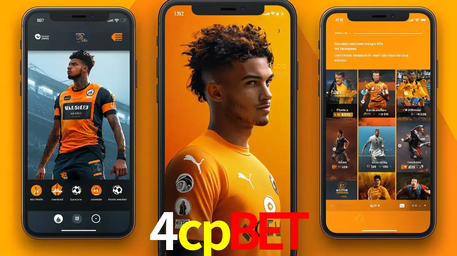 Interface do aplicativo de apostas esportivas 4cpbet em três telas de celular, mostrando o perfil de um jogador de futebol e a lista de jogos disponíveis para apostar.