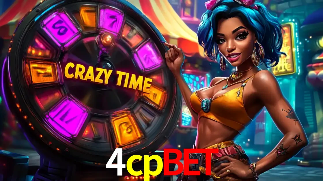 Mulher estilizada com cabelo azul e visual vibrante posando ao lado da roda de prêmios do game show Crazy Time, convidando para a diversão e os bônus do cassino 4cpbet.