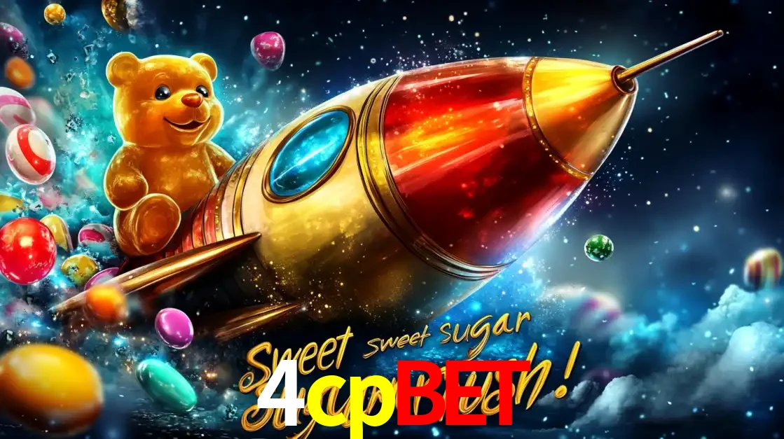 Arte promocional do jogo de slot Sugar Rush, com um urso de pelúcia em um foguete viajando pelo espaço de doces, um dos jogos divertidos disponíveis no cassino 4cpbet.