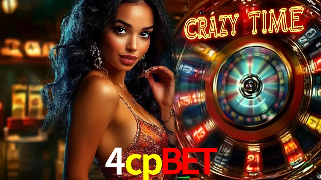 Mulher elegante ao lado da vibrante roda da fortuna do jogo de cassino ao vivo Crazy Time, um dos game shows mais populares e cheios de prêmios do 4cpbet.