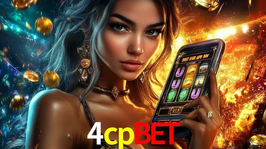 Mulher elegante mostrando um jogo de caça-níqueis em seu smartphone, destacando a experiência de cassino móvel oferecida pelo aplicativo 4cpbet.