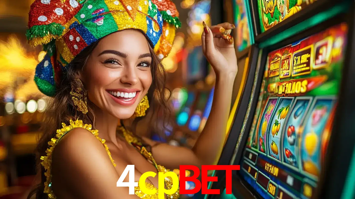 Mulher feliz com traje de carnaval amarelo e colorido ao lado de uma máquina de caça-níqueis, aproveitando a diversão e os jogos temáticos do cassino 4cpbet.