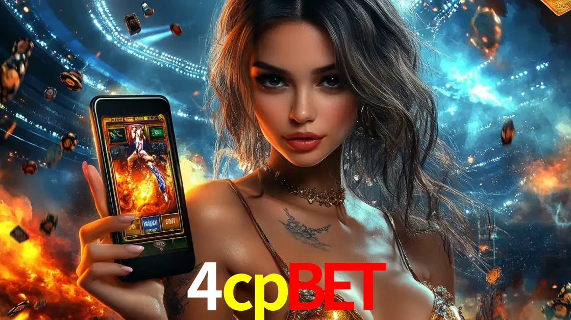 Mulher segurando um celular com um jogo de slot em destaque, tendo como fundo um estádio vibrante, simbolizando a emoção de jogar no cassino móvel 4cpbet.